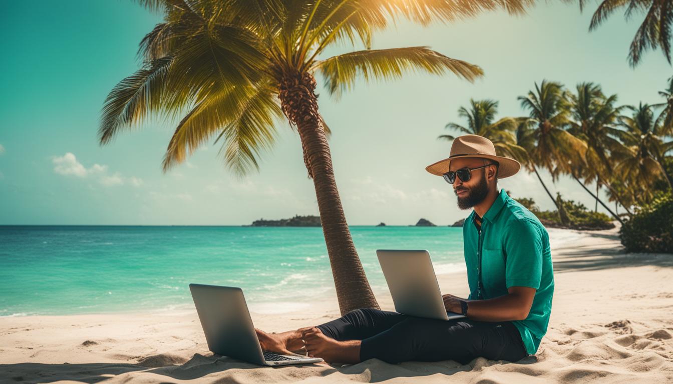 Digital nomad working from beach