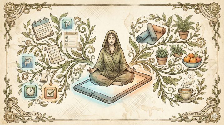Illustration of a woman meditating on a digital tablet, symbolizing the harmony between digital productivity and self-care. Botanical vines connect organizational tools like calendars with wellness items like yoga mats and fruit.