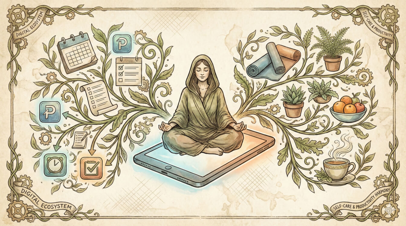 Illustration of a woman meditating on a digital tablet, symbolizing the harmony between digital productivity and self-care. Botanical vines connect organizational tools like calendars with wellness items like yoga mats and fruit.